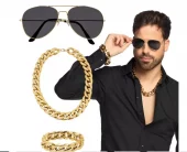 Pimp set gullkjede, armånd og briller