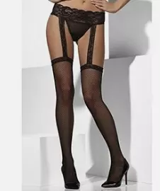 Svarte fishnet hold-ups with suspender belt