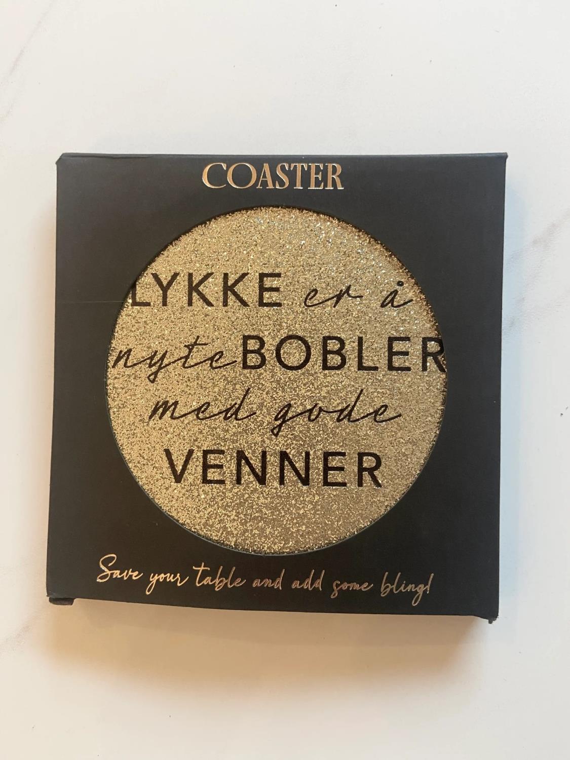 Coaster gull glitter "Lykke er å nyte bobler med gode venner"