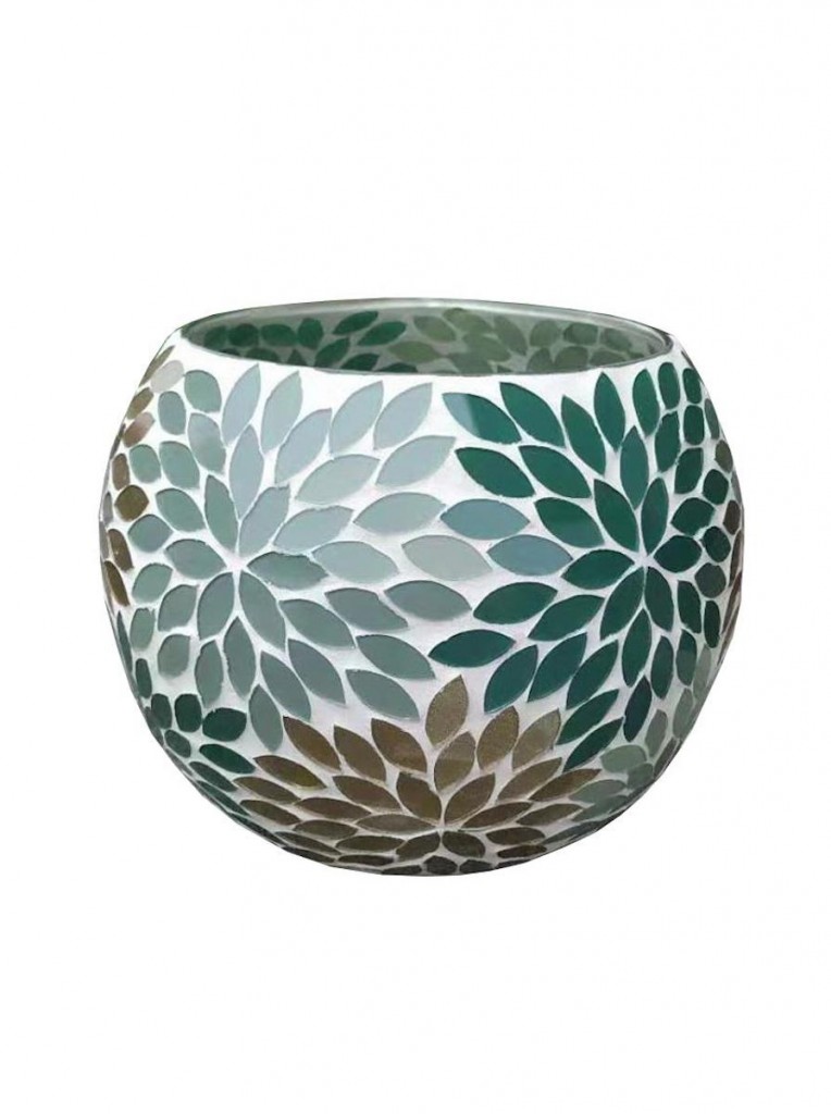 Lysglass, mosaikk grønn/kobber/gull, 18x14cm