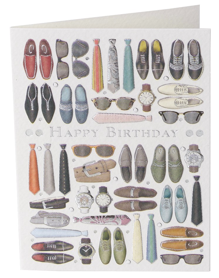 Dobble småkort m.konv. "Happy Birthday" m.slipps,sko,klokker - Quire 70x95mm