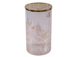 Vase i glass med praktisk gull-lokk og gull sommerfuglmotiv - 10x17cm