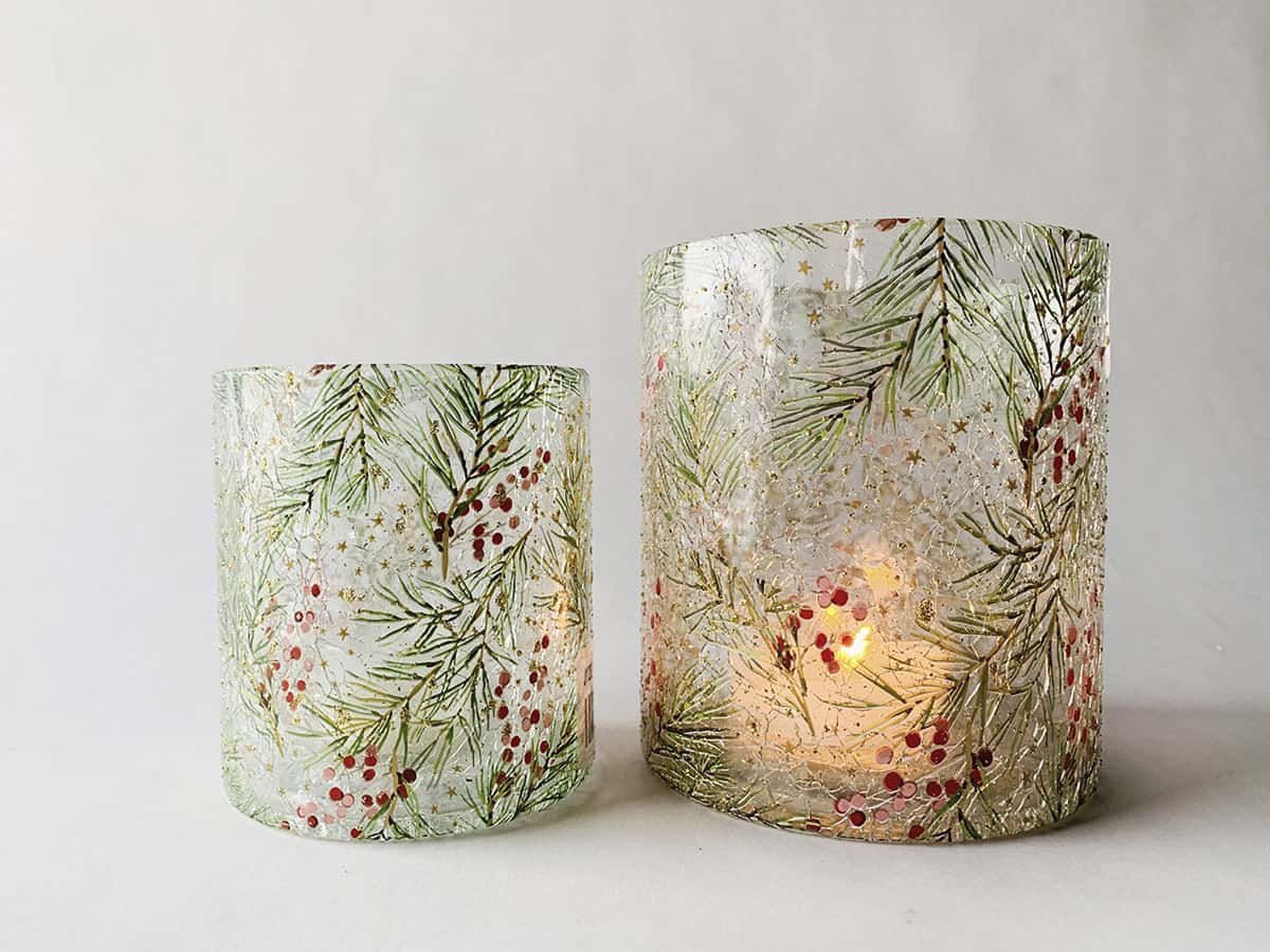 Lysglass Vintermønster med glitter 12x13 cm