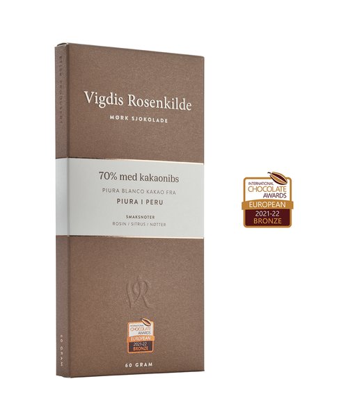 Vigdis Rosenkilde 70% Piura mørk sjokolade med kakaonibs, 60 g