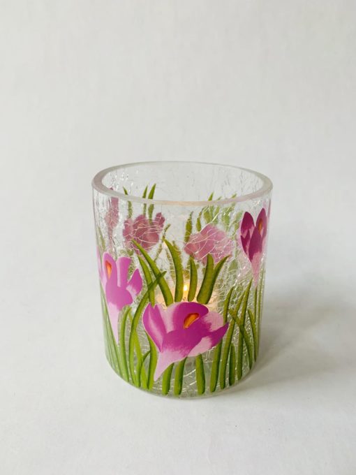 Lysglass med krokus, h 10 cm