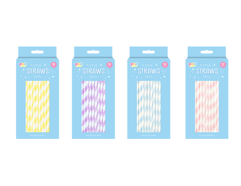 Pop Paper Straws Stripes 50pk Div.Farger