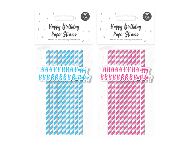 Happy Birthday Paper Straws 10pk Div.Farger