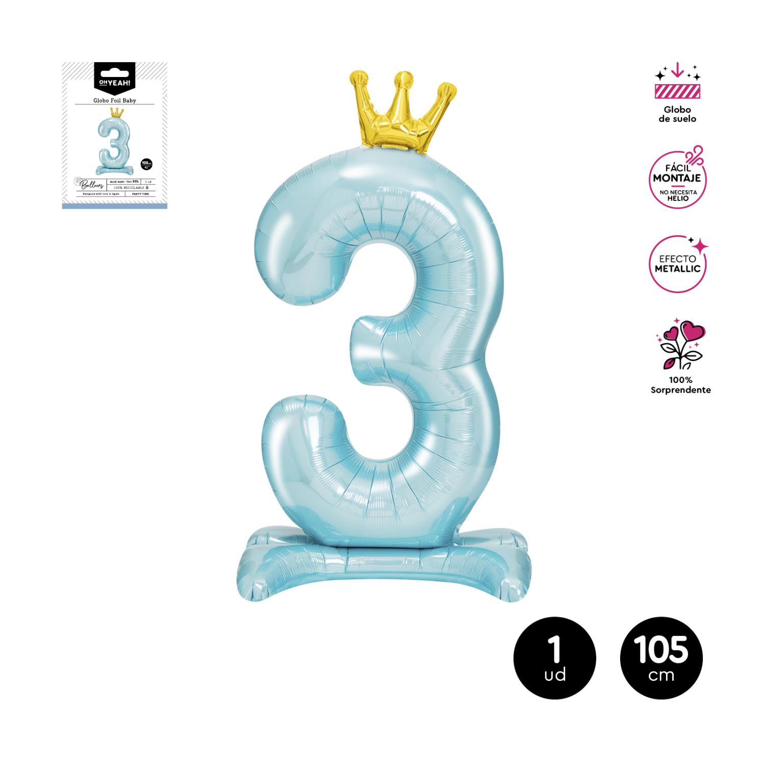 OH Yeah! Blue Crown Number Balloon Nr.3 105cm