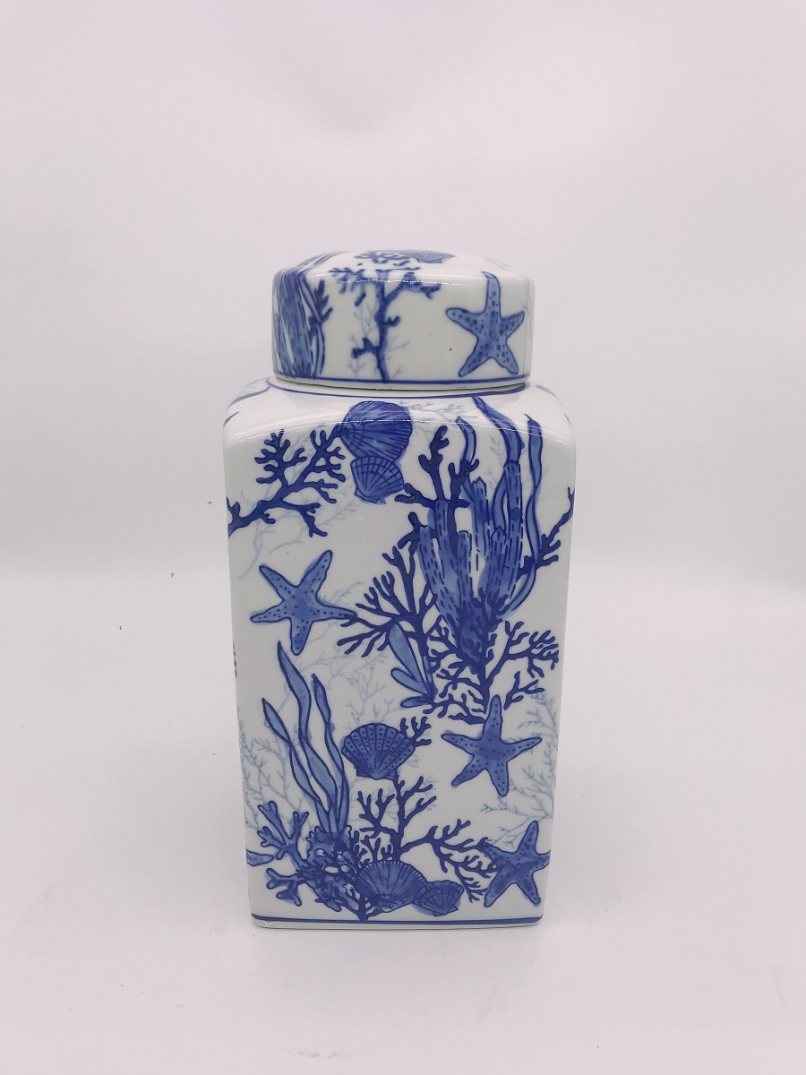 Lidded Jar White/Blue Sealife 155-019