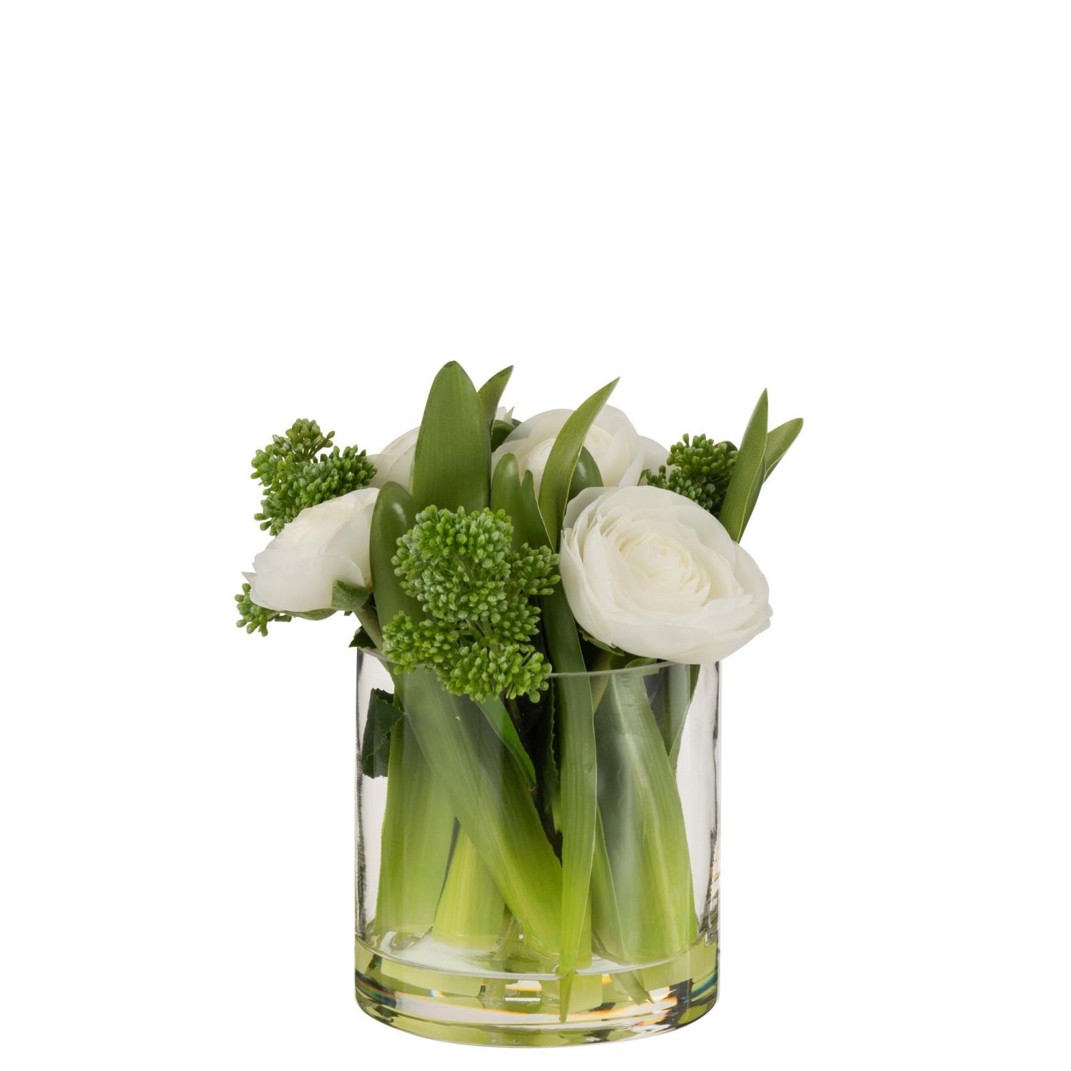 Ranunculus Vase Plexi Glass With Flowers White&Green 8x18x22cm 12482