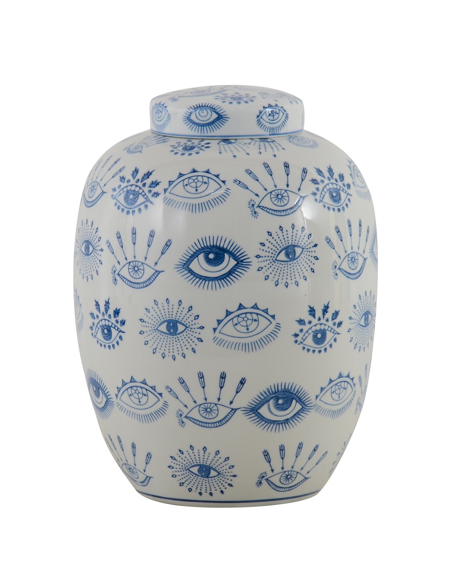 Pot W / Lid White/Blue Ceramic Mykonos 23x32cm 155-555