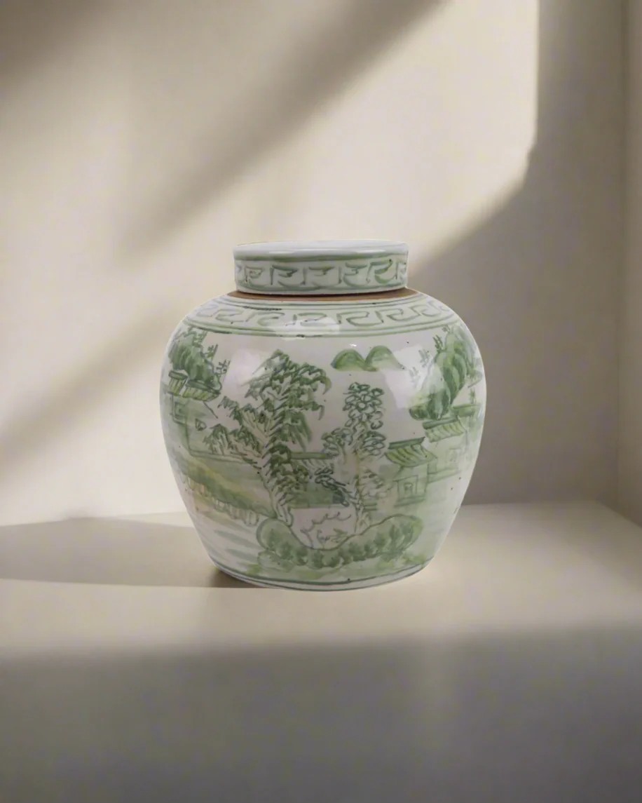 Tea Jar White & Green Countyside 24xh24cm