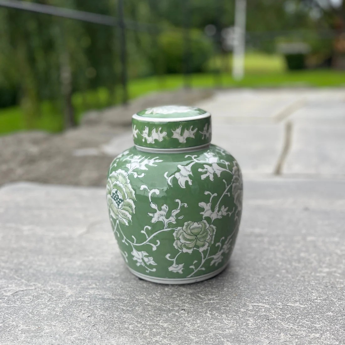 Tea Jar Green White Flowers  20xh25cm