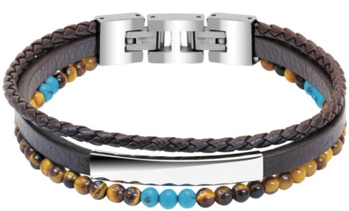RB BRACELET YALE STEEL AND 5MM BROWN FLAT LEATHER, 3MM BROWN
