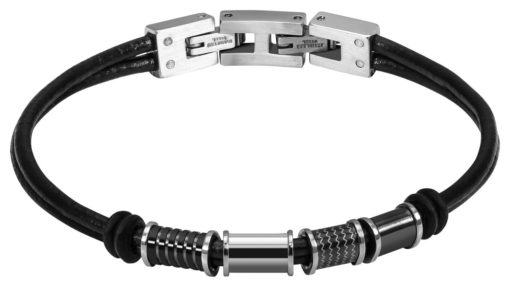 RB BRACELET MERCURY LEATHER CORDS POLISHED STEEL AND CARBON