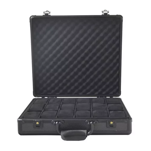 Klokkeboks for 18 klokker i sort aluminium