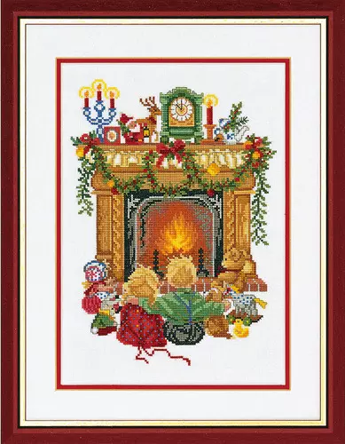 Broderi: Børn ved kamin