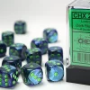 Terningsett: Lustrous, D6, 16mm, 12pcs, Dark Blue/Green