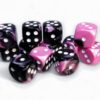 Terningsett: Gemini, D6, 16mm, 12pcs, Black-Pink/White