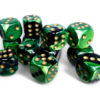 Terningsett: Gemini, D6, 16mm, 12pcs, Black-Green/Gold