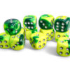 Terningsett: Gemini, D6, 16mm, 12pcs, Green-Yellow/Silver