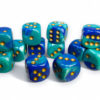 Terningsett: Gemini, D6, 16mm, 12pcs, Blue-Teal/Gold