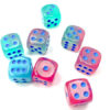Terningsett: Gemini, D6, 12mm, 36pcs, Gel Green-Pink/Blue