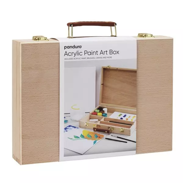 Praktisk kunstnerboks med 9×18 ml akrylmaling, pensler, lerreter og tilbehør