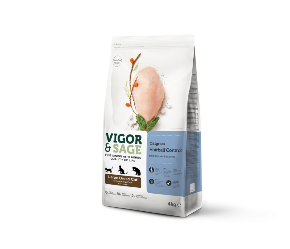 Vigor & Sage Oatgrass Hairball Control Large Breed Cat Food 4kg