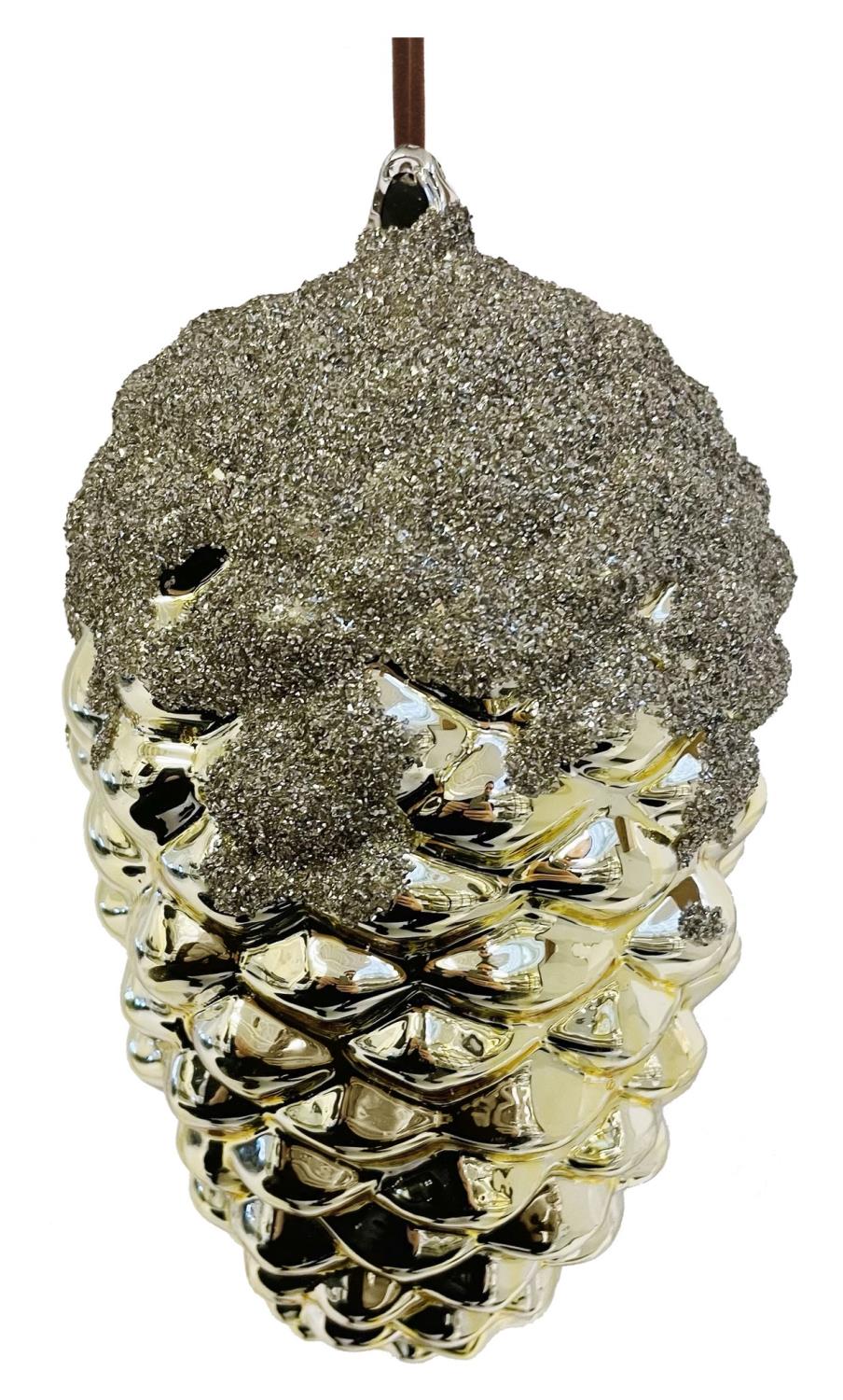 Glass cone shiny gold with silver glitter top 22cm