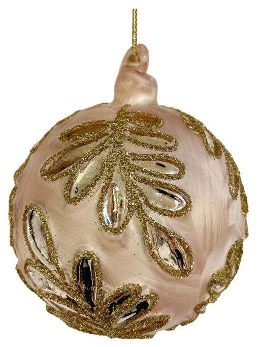 Glass ball moulded leaf pink-silver 8cm