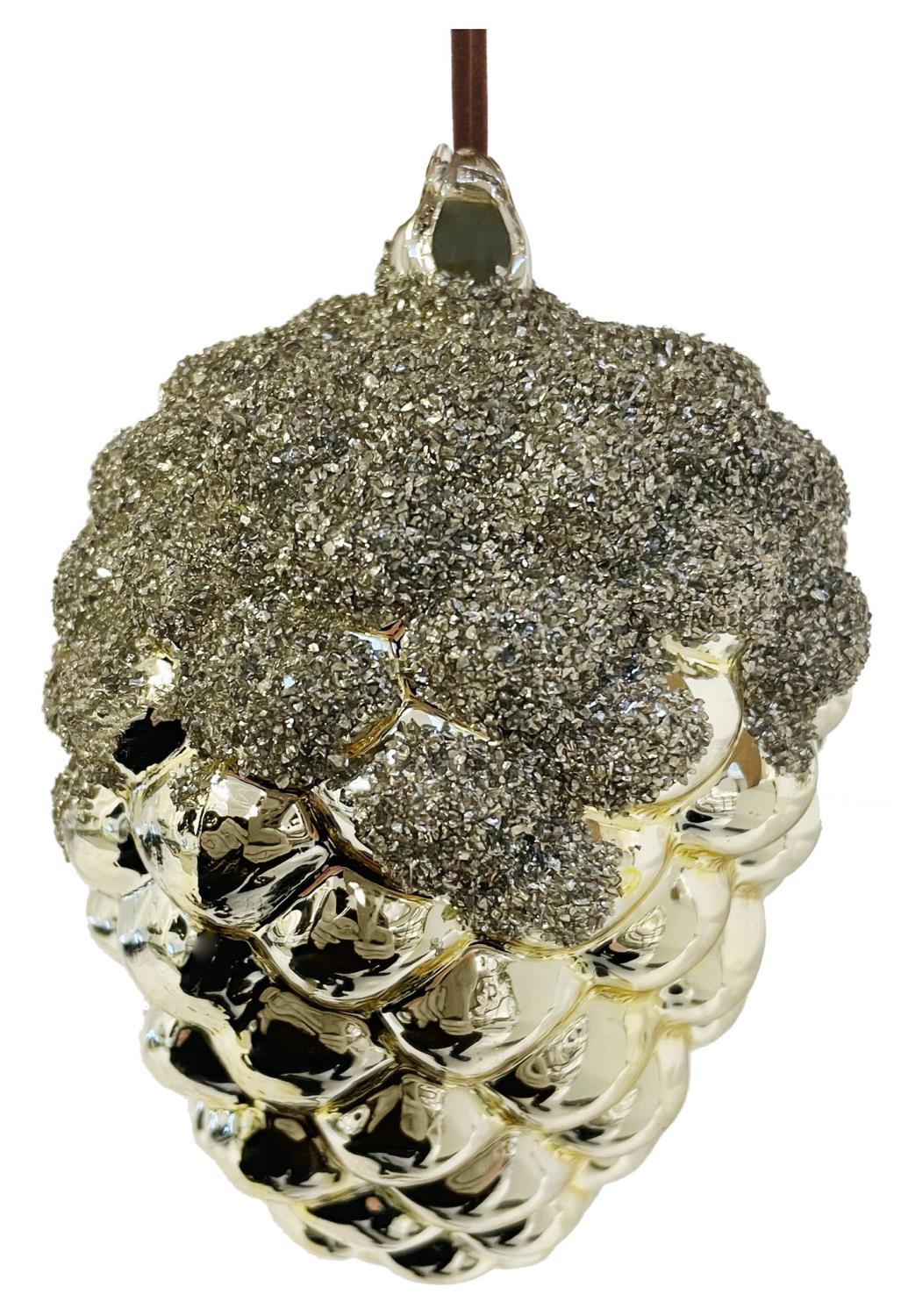 Glass cone shiny gold with silver glitter top 11,5cm