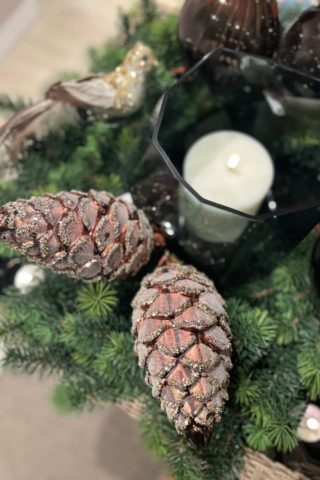 Glass cone brown iced and silver glitter 14cm