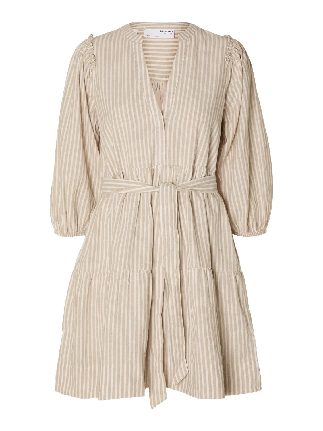 Selected Femme Hillie 3/4 Striped Short Linen Dress